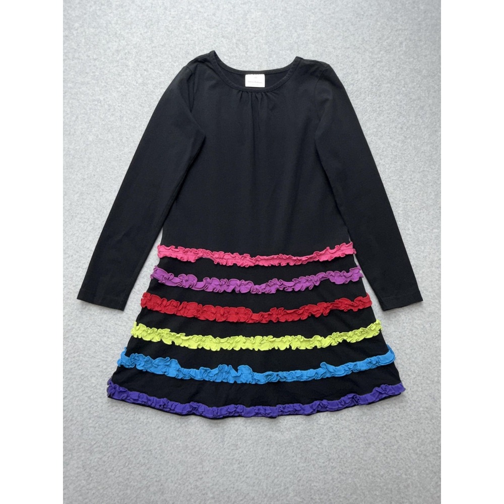 Hanna Andersson Dress Girls 140‎ Black Long Sleeve Ruffle Rainbow Stripe 40693